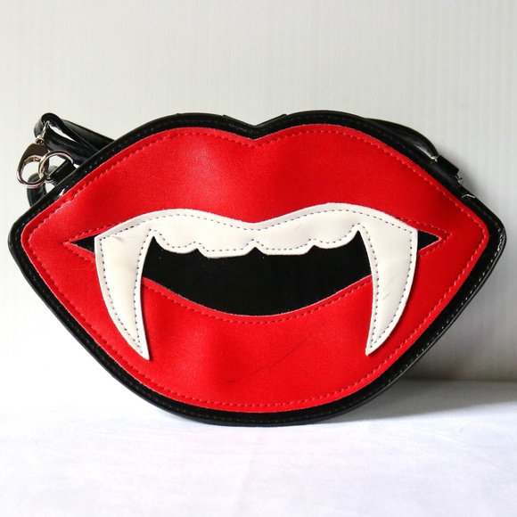 Vampire Fang Crossbody Shoulder Bag Purse Red Black Halloween Faux Leather - Picture 1 of 6